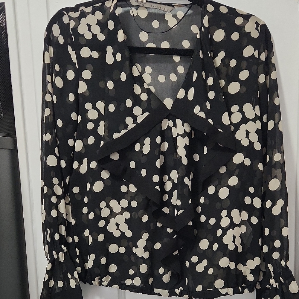Zara Black and Cream Polka Dot Blouse